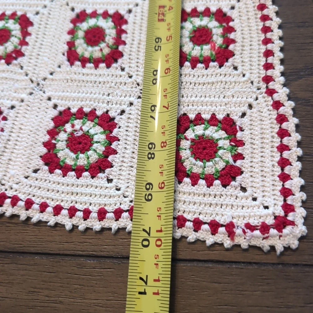 Handmade Crochet Table Runner 2pc Granny Square Cream Red Green 88X32 70X17